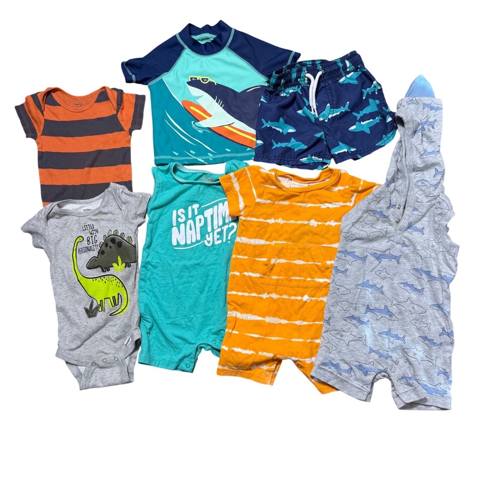 Baby Boy 6-9M Summer Lot 7pc Carters Gerber Cat & Jack Rompers Shark Swim Onsies
